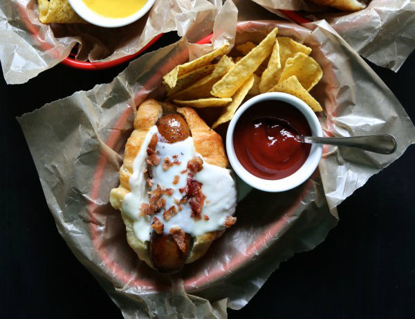 French Croissant Hot Dogs with Crispy Bacon www