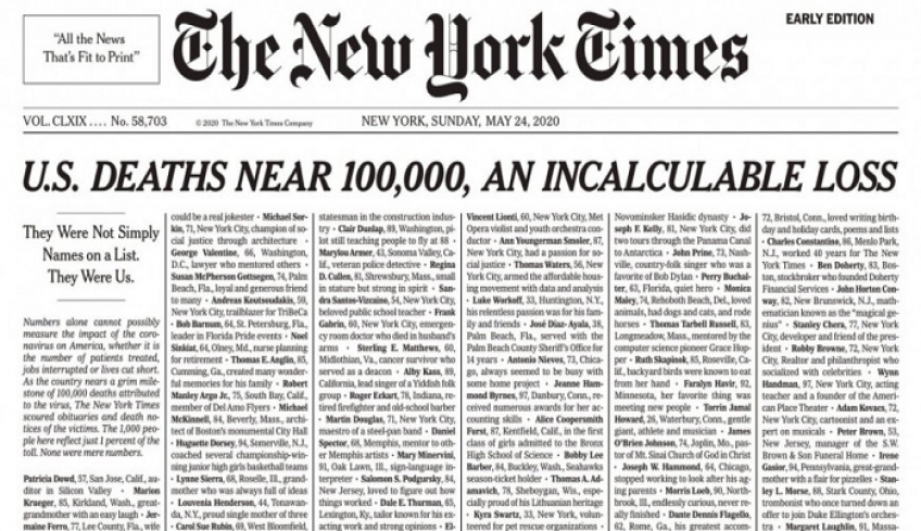 Συγκλονίζει το πρωτοσέλιδο των New York Times: Δεν ήταν απλώς ονόματα, ήταν εμείς