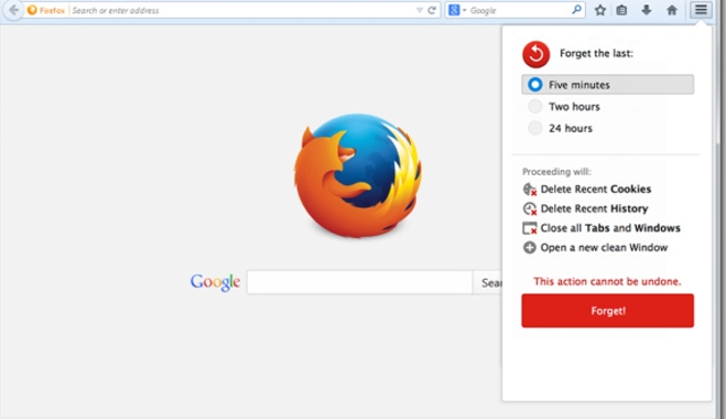 Mozila Firefox με κουμπί &quot;Forget&quot; και αναζήτηση DuckDuckGo