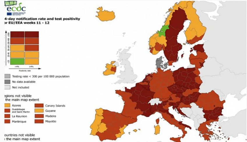 Χάρτης ECDC: Παραμένει στο κόκκινο η Ελλάδα – Ψηλά ο δείκτης θετικότητας