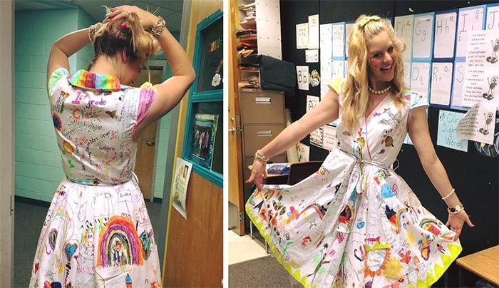 Δασκάλα της πρώτης δημοτικού αφήνει τους μαθητές της να ζωγραφίσουν στο φόρεμα της!