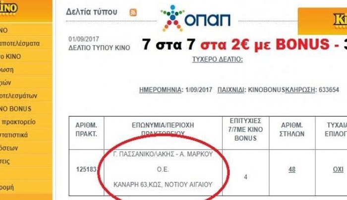 ΟΠΑΠ Πασσανικολάκης -Α. Μάρκου: 30.000€ sto KINO!!! - 7 ΣΤΑ 7, ΣΤΑ 2€ ME BONUS