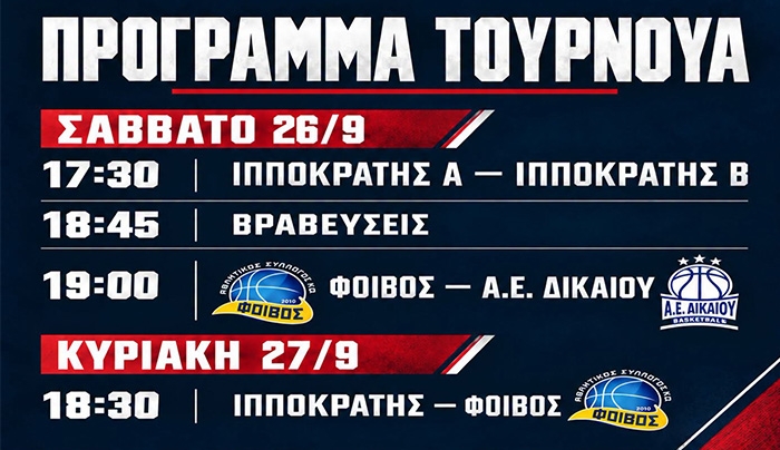 Το πρόγραμμα των αγώνων για το διήμερο τουρνουά Ανδρών στη μνημη Β. Κωστογλάκη και Κ. Τουρτουλή